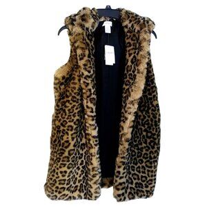 Carmen Marc Valvo Hooded Vest Jacket Womens Size Small Leopard Print Faux Fur